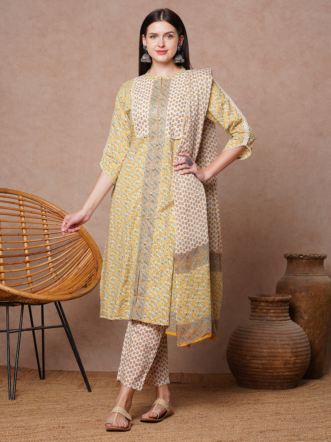 Floral Printed & Embroidered Straight Kurta with Pant & Dupatta - Yellow