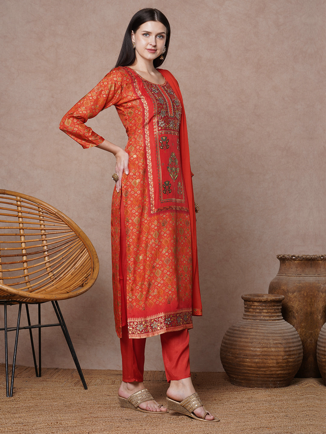 Ethnic Floral Printed & Embroidered Straight Fit Kurta with Pant & Dupatta - Orange