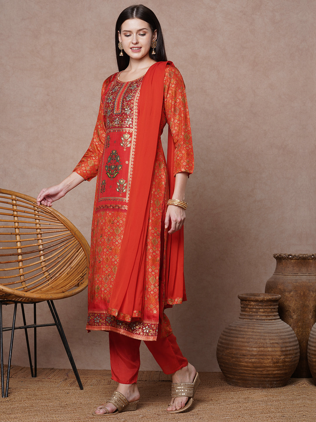 Ethnic Floral Printed & Embroidered Straight Fit Kurta with Pant & Dupatta - Orange