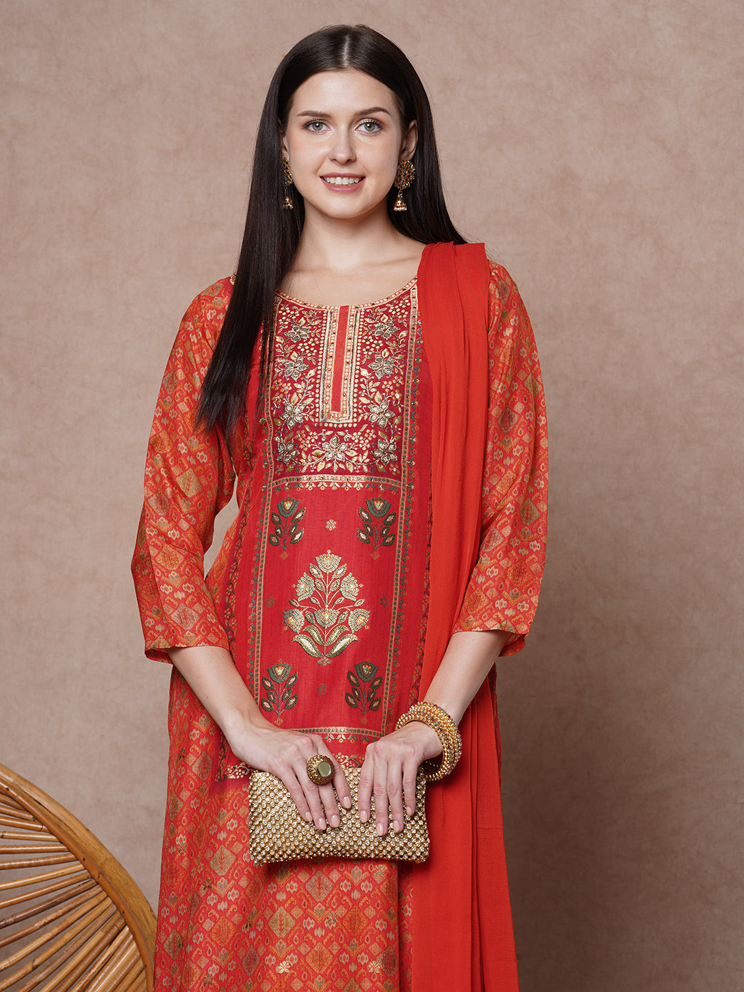 Ethnic Floral Printed & Embroidered Straight Fit Kurta with Pant & Dupatta - Orange