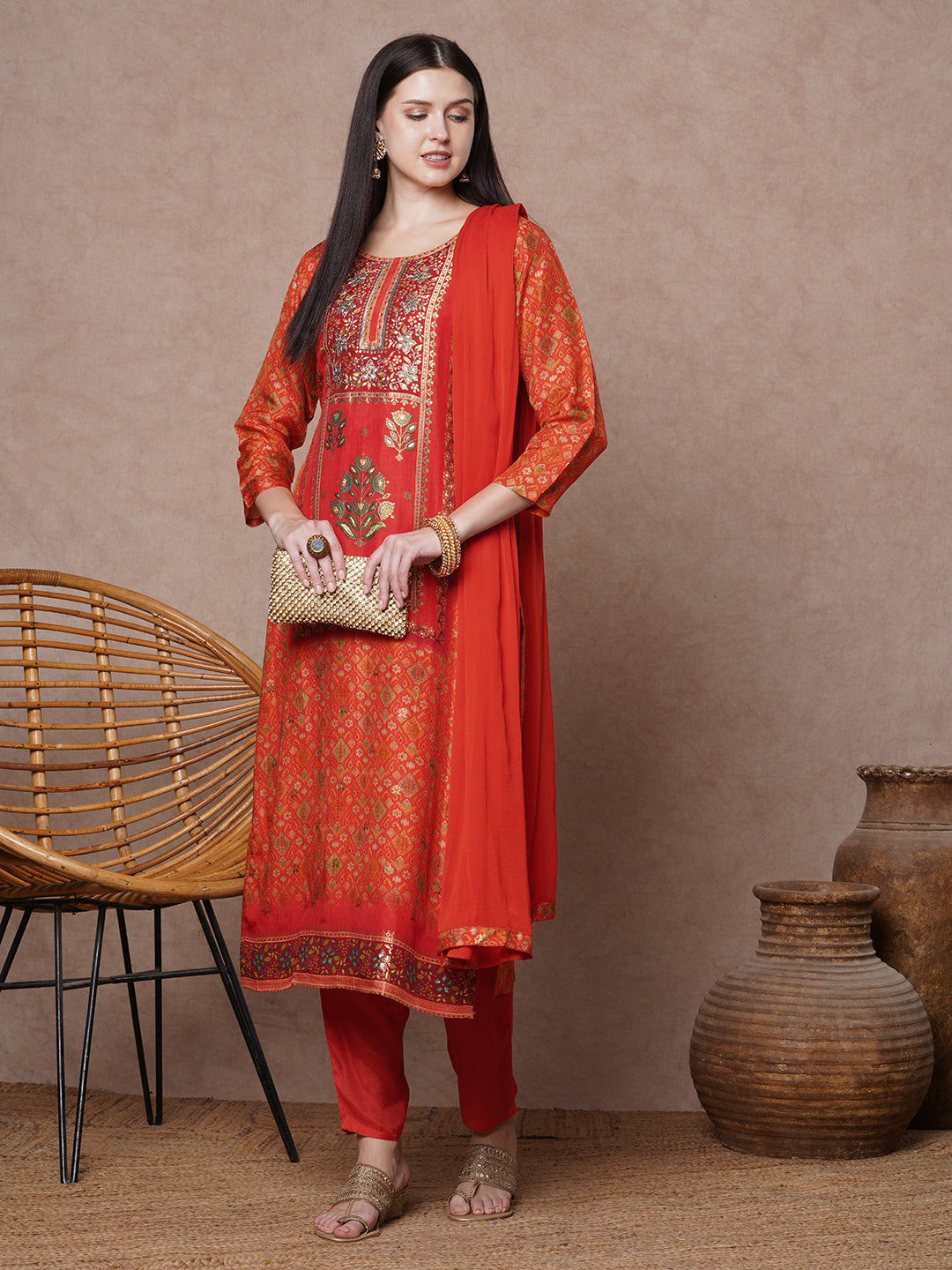 Ethnic Floral Printed & Embroidered Straight Fit Kurta with Pant & Dupatta - Orange