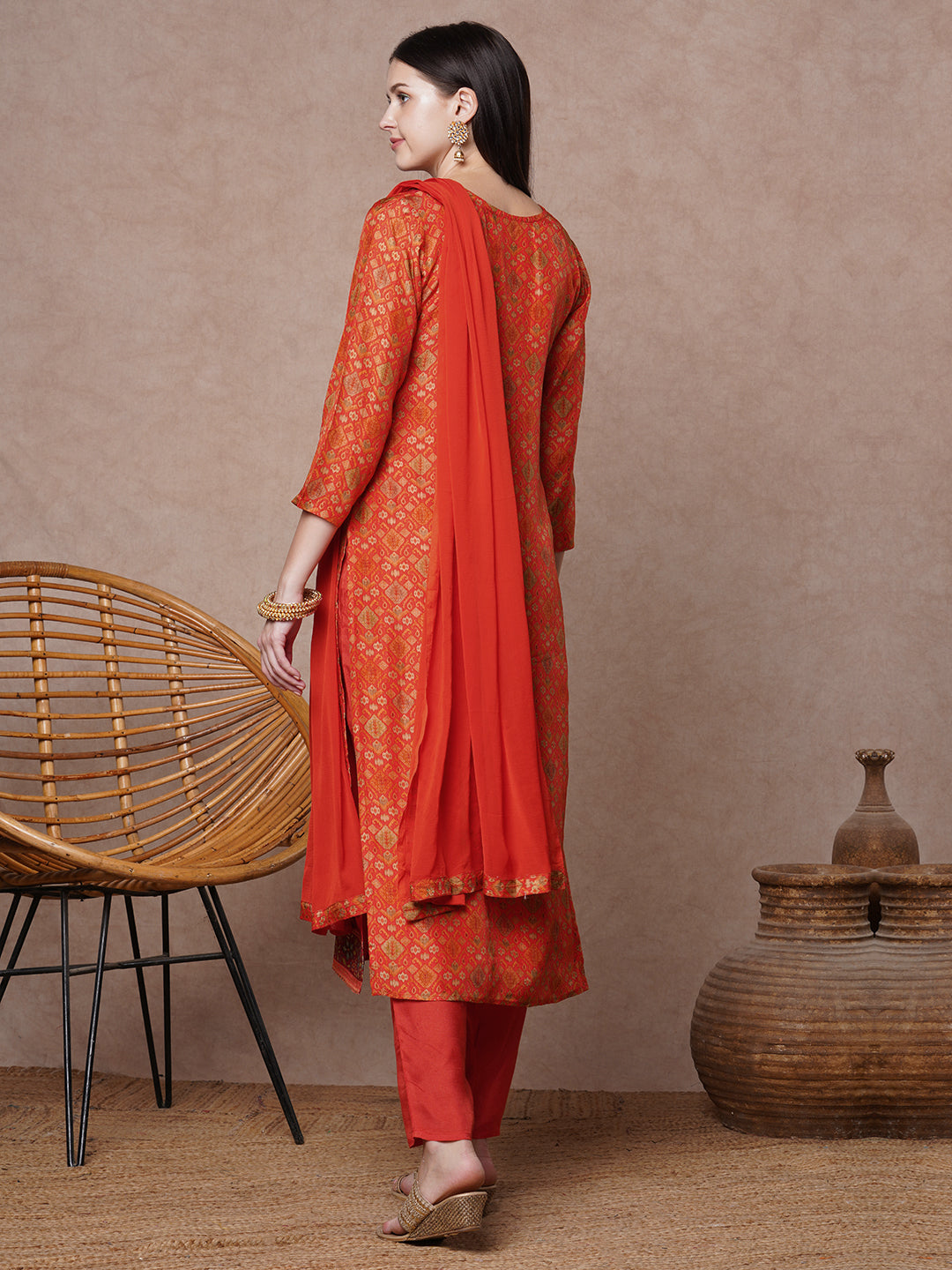 Ethnic Floral Printed & Embroidered Straight Fit Kurta with Pant & Dupatta - Orange