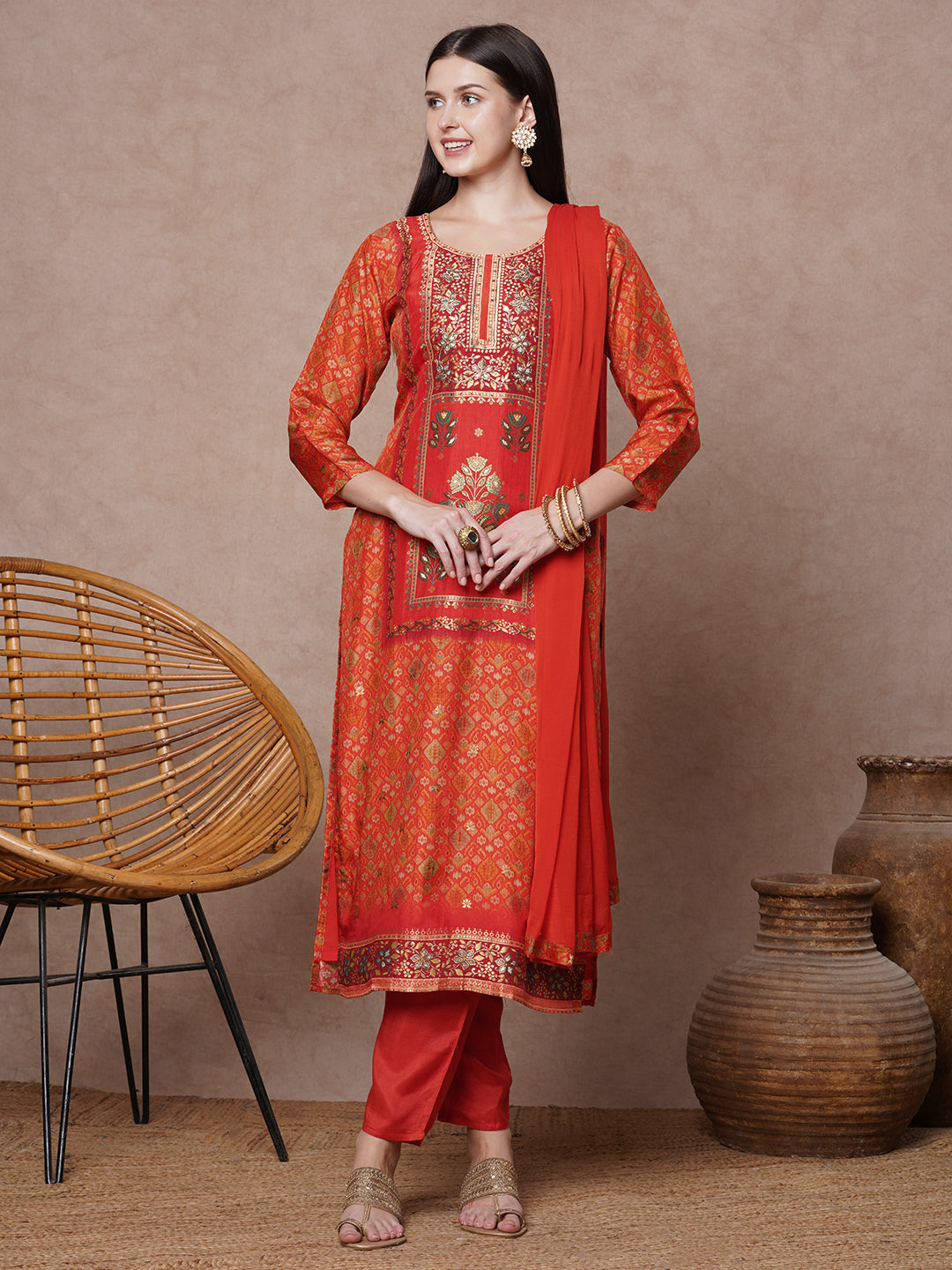 Ethnic Floral Printed & Embroidered Straight Fit Kurta with Pant & Dupatta - Orange