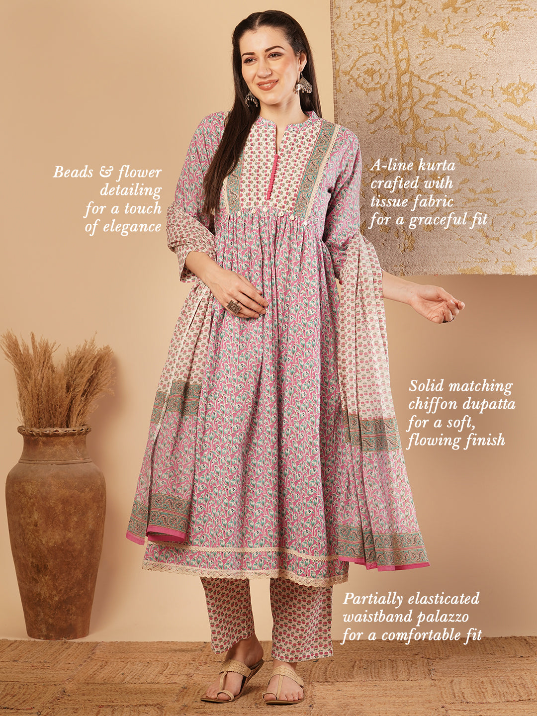 Ethnic Floral Printed Embroidered A-Line Kurta with Pant and Dupatta - Off White