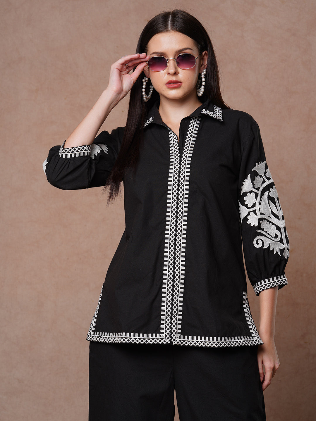 Solid Ethnic Floral Thread Embroidered Straight Fit Co-ord Set - Black