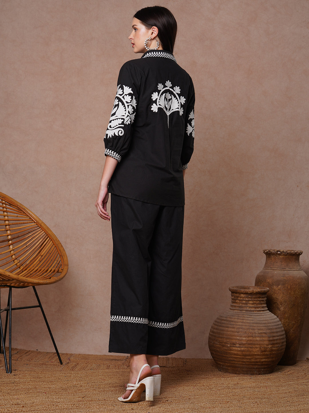 Solid Ethnic Floral Thread Embroidered Straight Fit Co-ord Set - Black