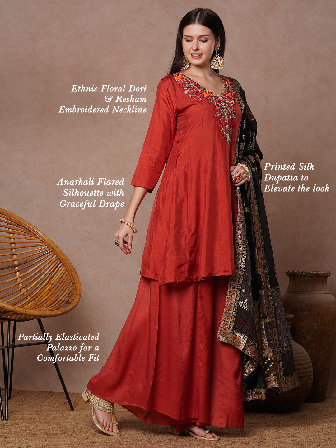 Solid Floral Embroidered Anarkali Flared Kurta with Palazzo & Dupatta - Rust
