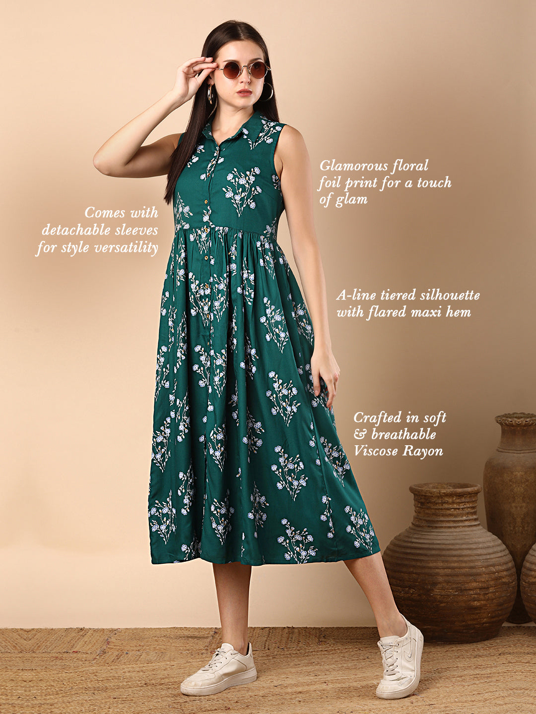 Floral Foil Printed A-Line Tiered Flared Maxi Dress - Green