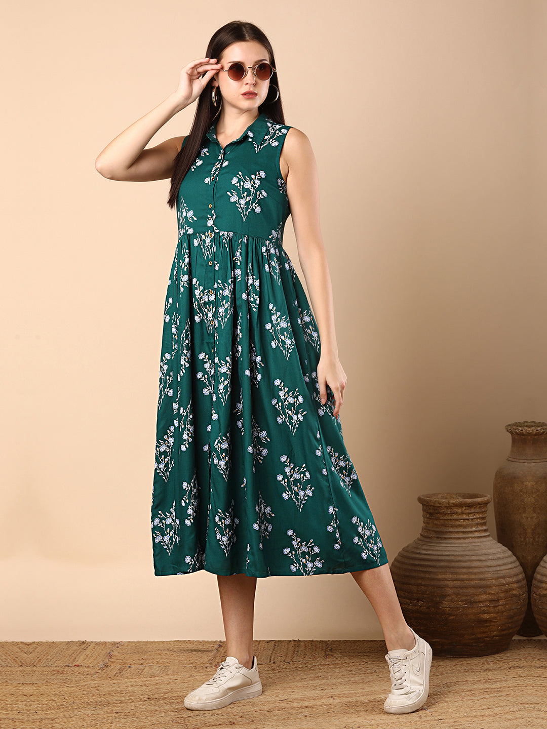 Floral Foil Printed A-Line Tiered Flared Maxi Dress - Green