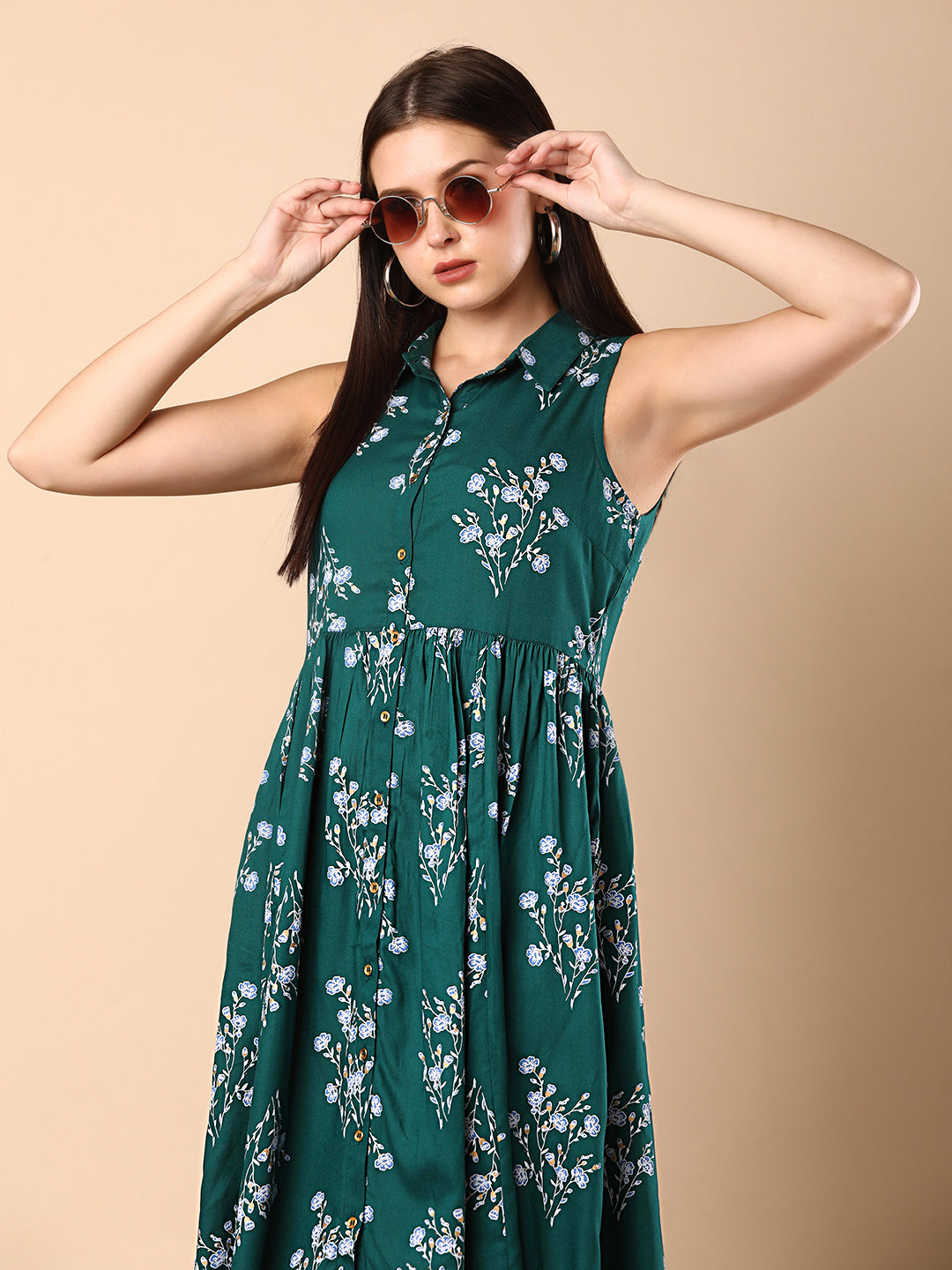 Floral Foil Printed A-Line Tiered Flared Maxi Dress - Green