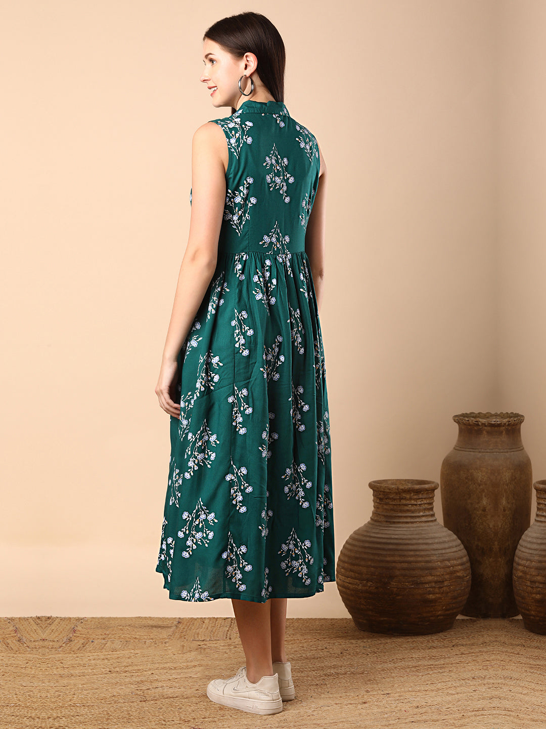 Floral Foil Printed A-Line Tiered Flared Maxi Dress - Green