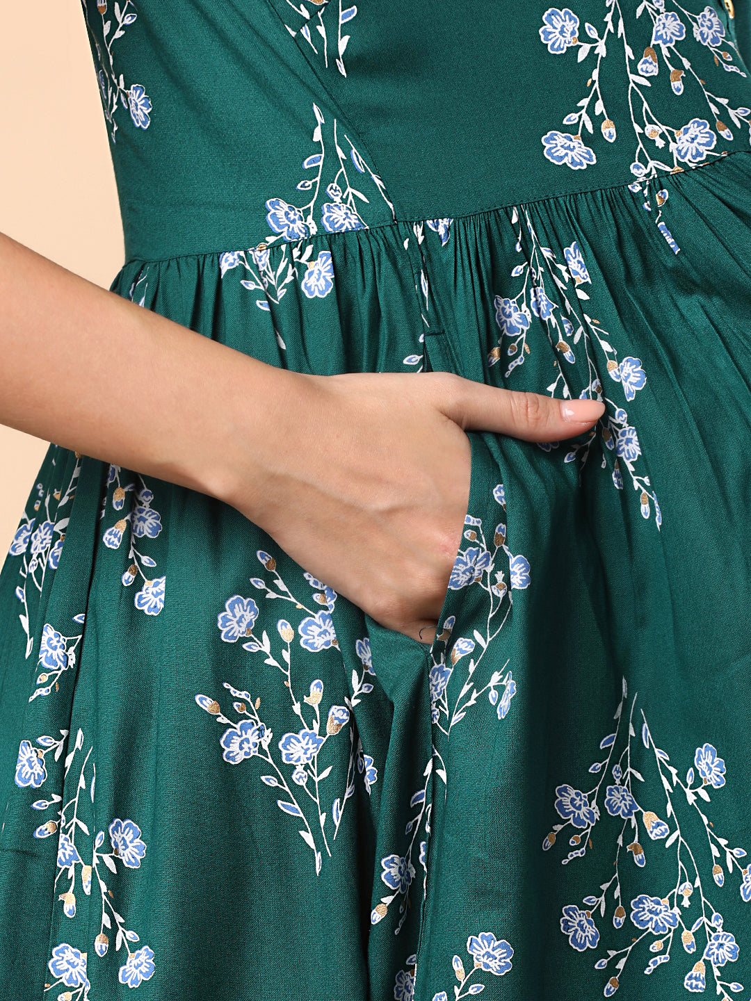 Floral Foil Printed A-Line Tiered Flared Maxi Dress - Green