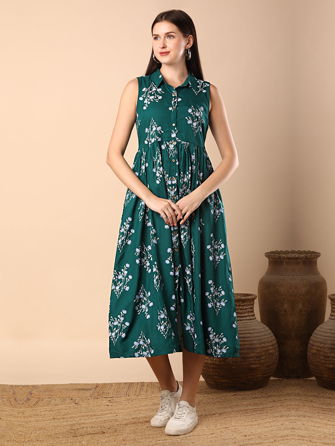 Floral Foil Printed A-Line Tiered Flared Maxi Dress - Green