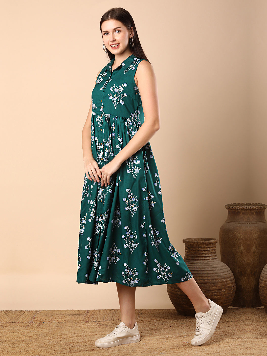 Floral Foil Printed A-Line Tiered Flared Maxi Dress - Green