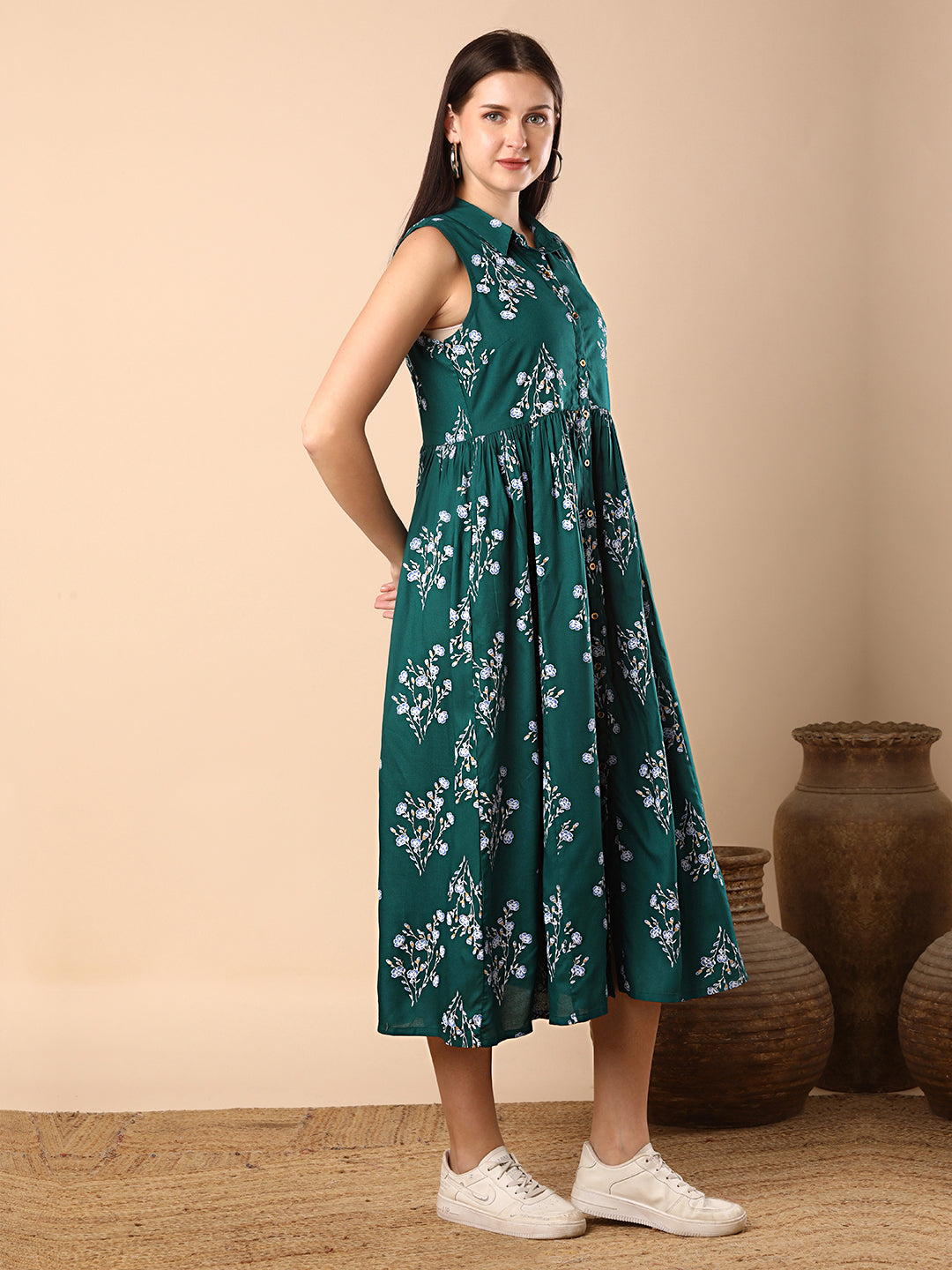 Floral Foil Printed A-Line Tiered Flared Maxi Dress - Green