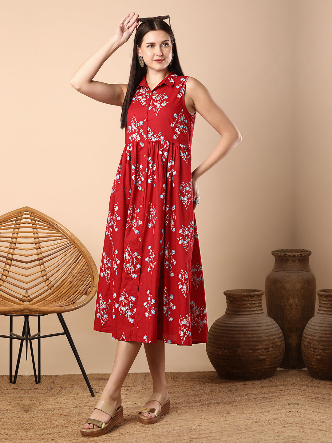 Floral Foil Printed A-Line Tiered Flared Maxi Dress - Red