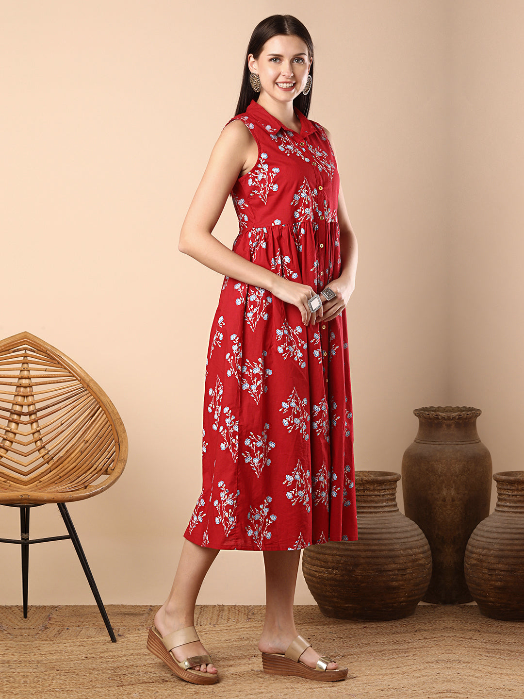 Floral Foil Printed A-Line Tiered Flared Maxi Dress - Red