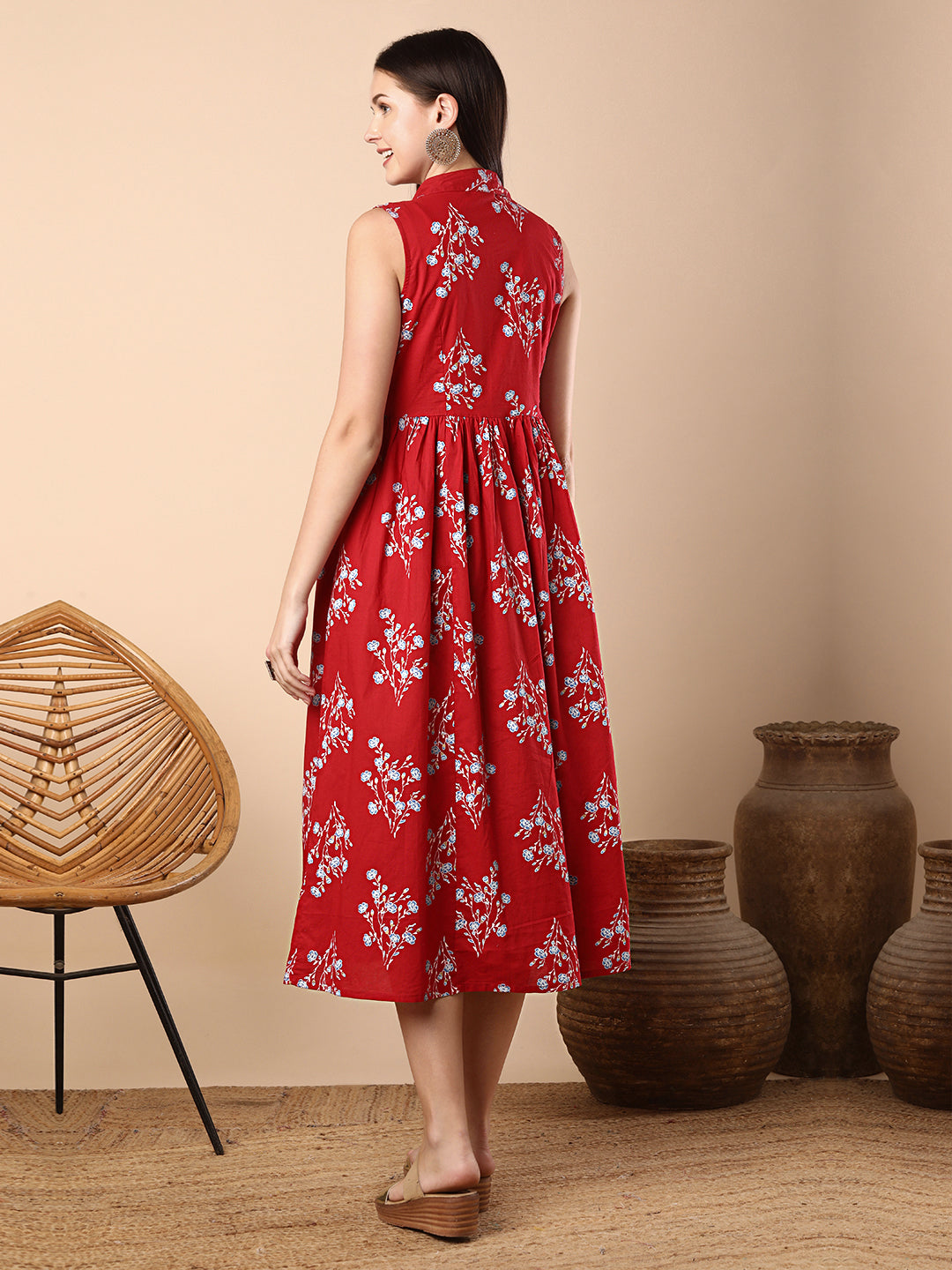 Floral Foil Printed A-Line Tiered Flared Maxi Dress - Red