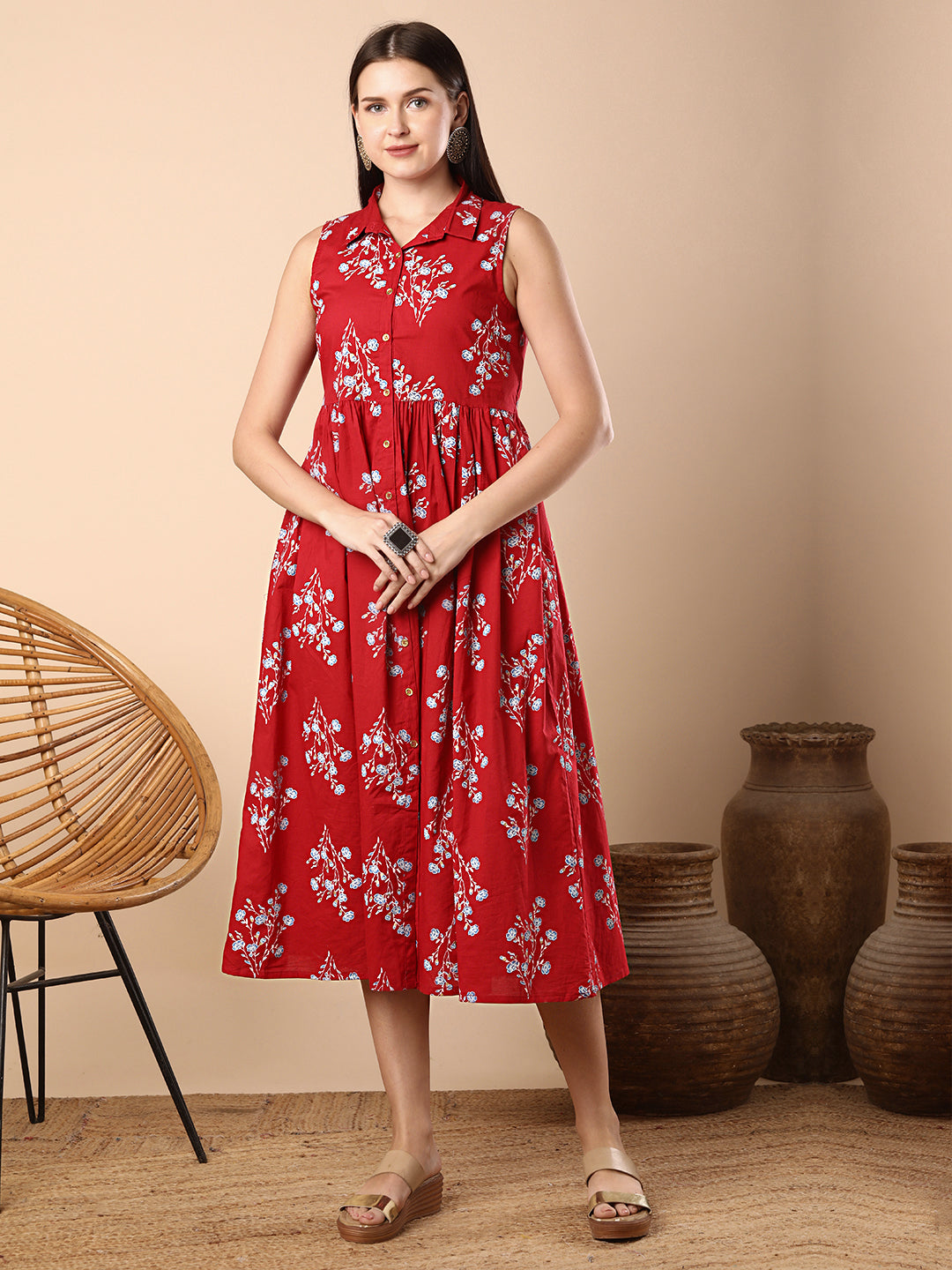 Floral Foil Printed A-Line Tiered Flared Maxi Dress - Red