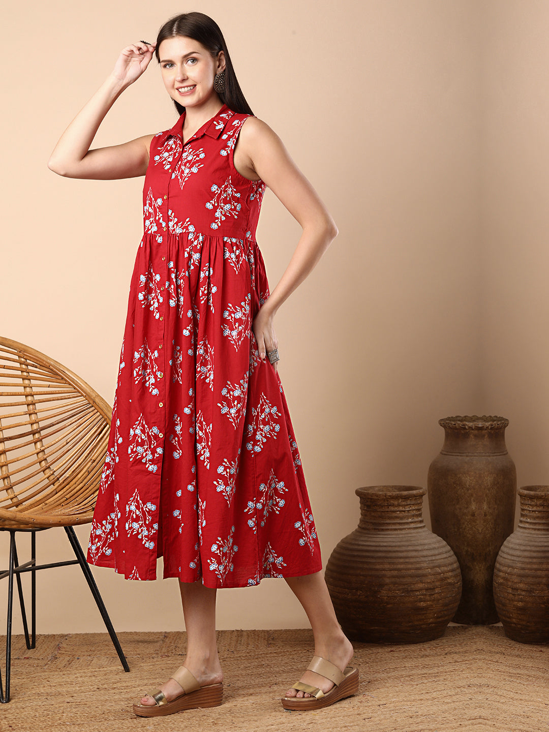 Floral Foil Printed A-Line Tiered Flared Maxi Dress - Red