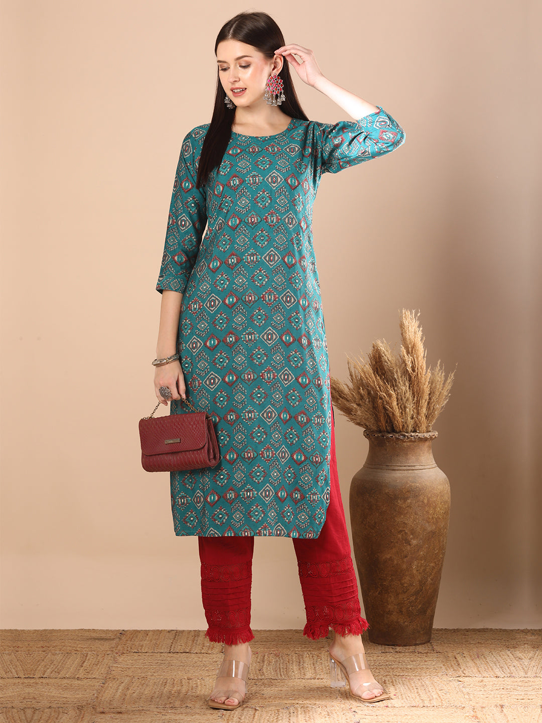 Ethnic Geometric Printed & Embroidered Straight Fit Kurta -Teal Blue