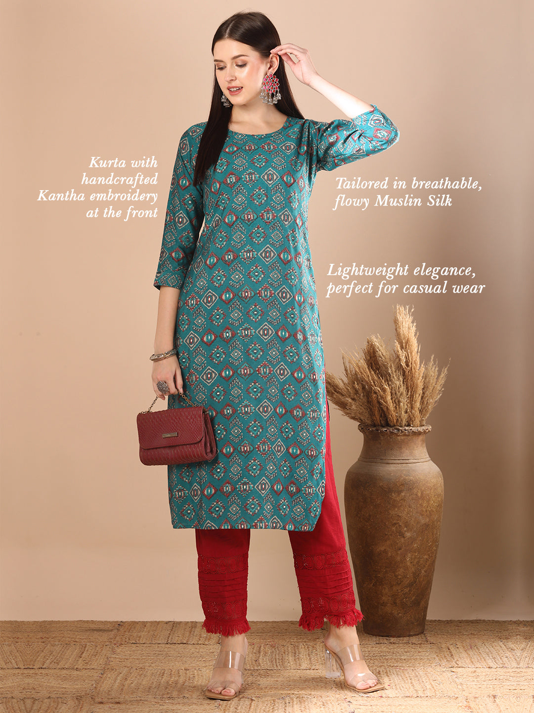 Ethnic Geometric Printed & Embroidered Straight Fit Kurta -Teal Blue