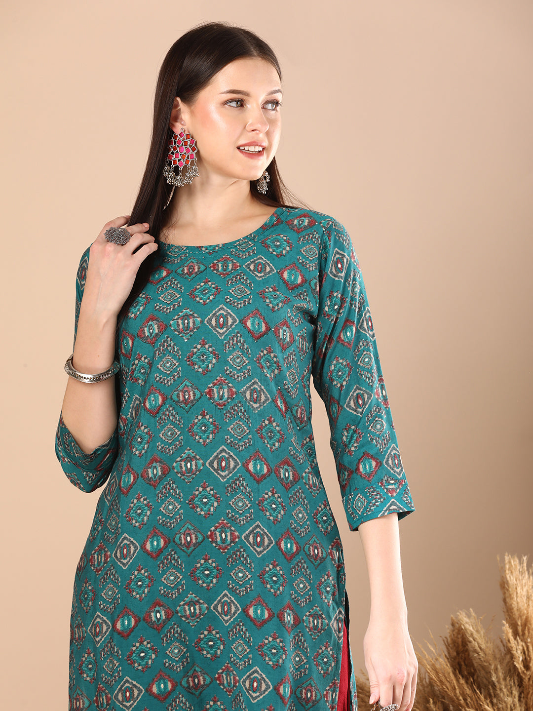 Ethnic Geometric Printed & Embroidered Straight Fit Kurta -Teal Blue