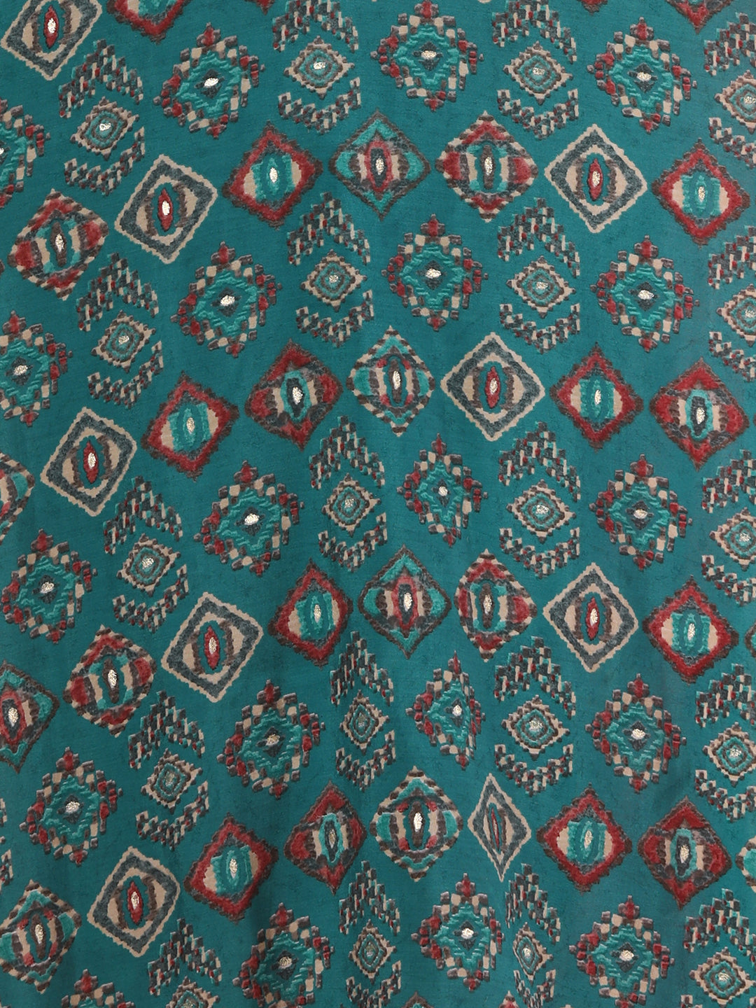 Ethnic Geometric Printed & Embroidered Straight Fit Kurta -Teal Blue
