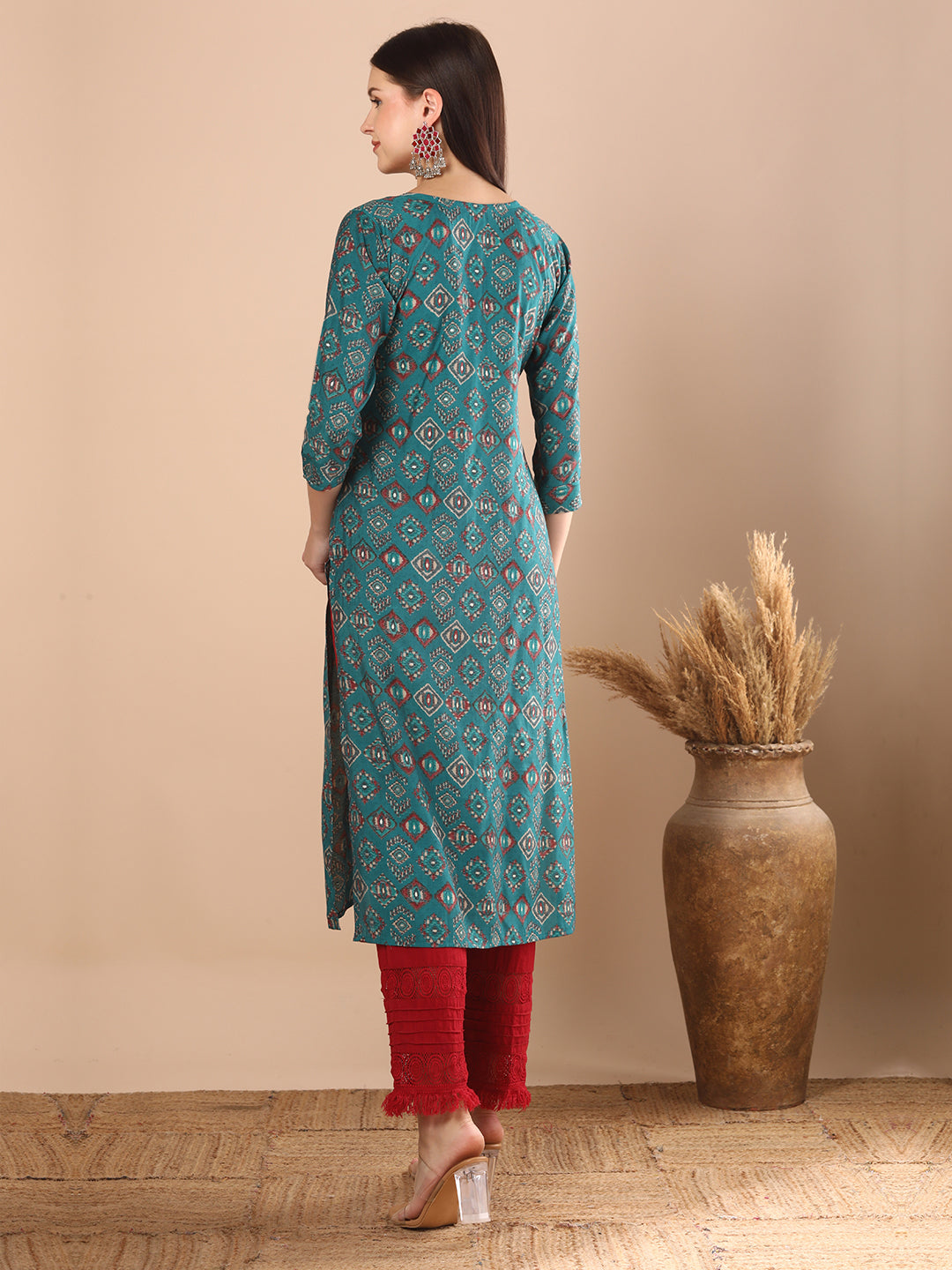 Ethnic Geometric Printed & Embroidered Straight Fit Kurta -Teal Blue
