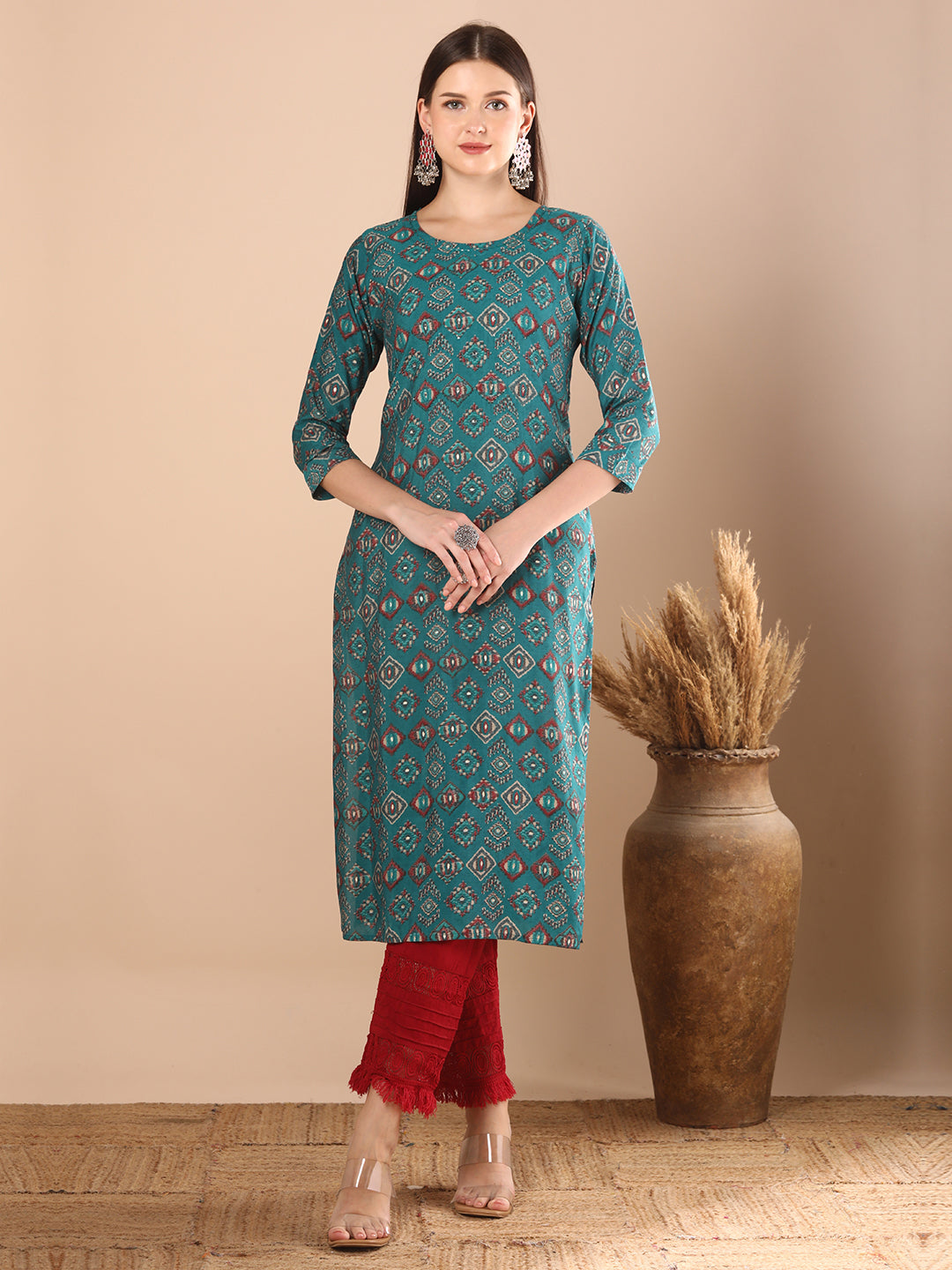 Ethnic Geometric Printed & Embroidered Straight Fit Kurta -Teal Blue