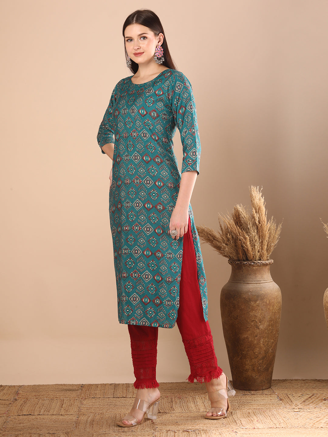 Ethnic Geometric Printed & Embroidered Straight Fit Kurta -Teal Blue