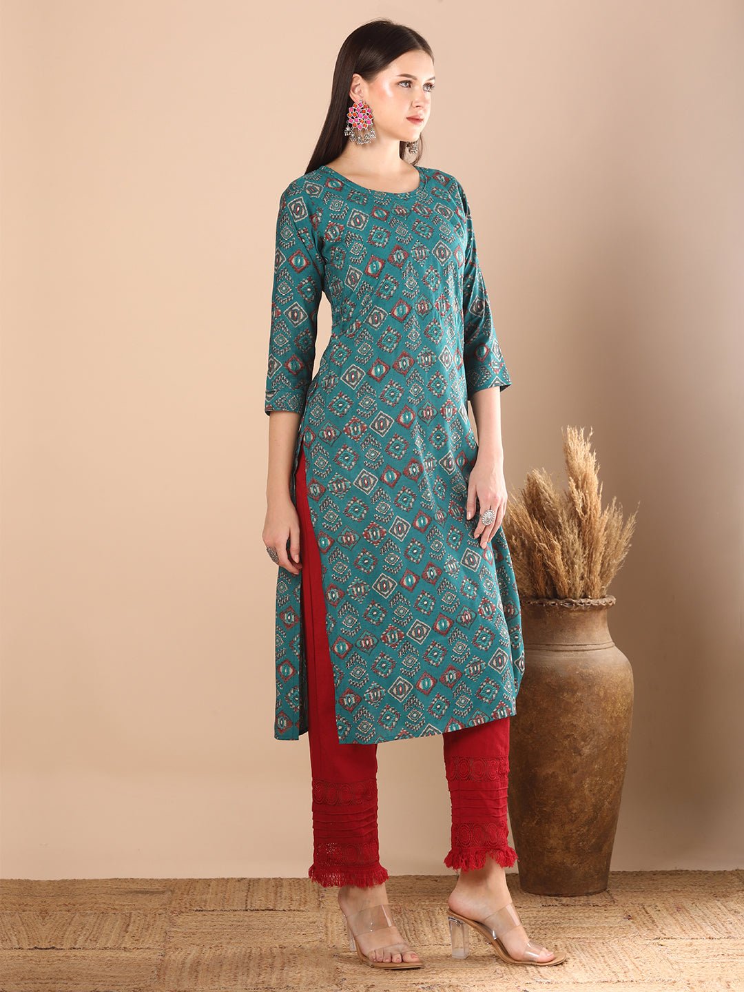 Ethnic Geometric Printed & Embroidered Straight Fit Kurta -Teal Blue