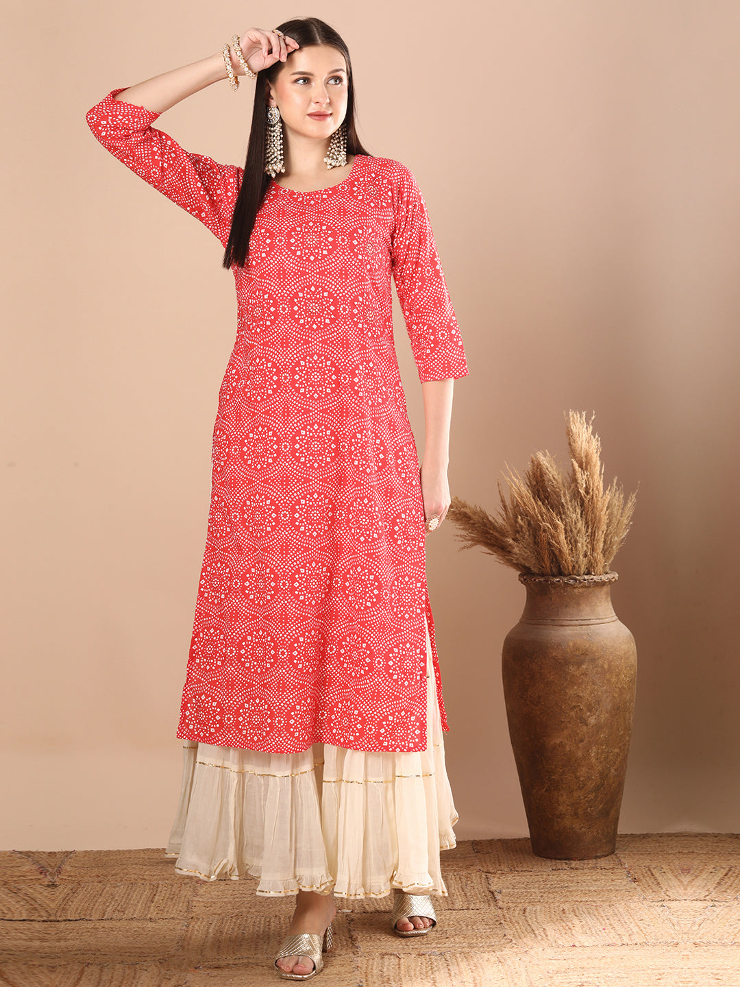 Floral Foil Printed & Embroidered Straight Fit Kurta - Coral
