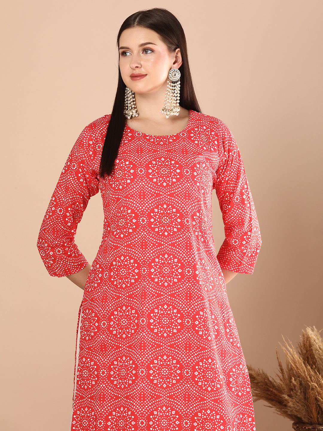 Floral Foil Printed & Embroidered Straight Fit Kurta - Coral