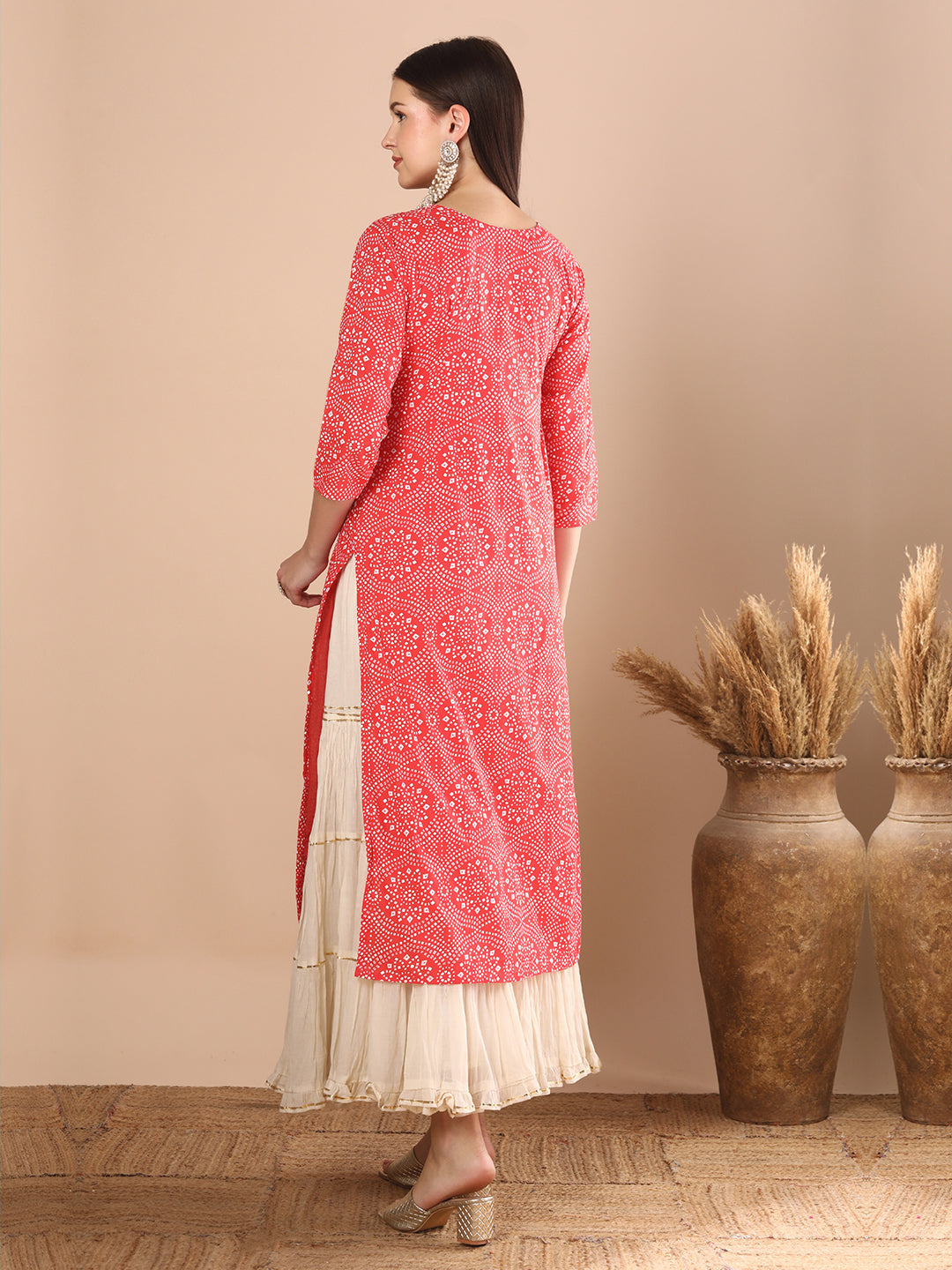 Floral Foil Printed & Embroidered Straight Fit Kurta - Coral
