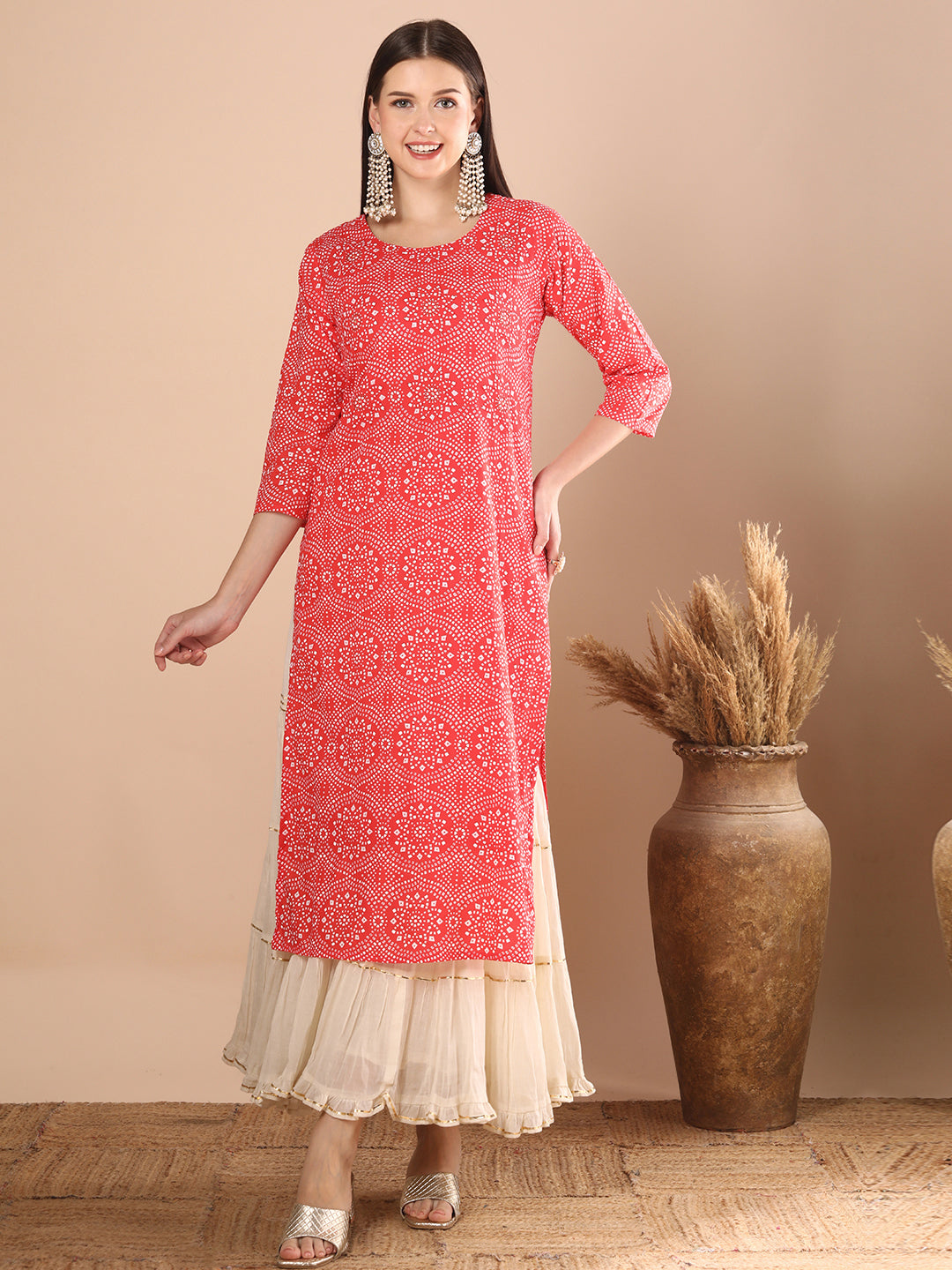 Floral Foil Printed & Embroidered Straight Fit Kurta - Coral