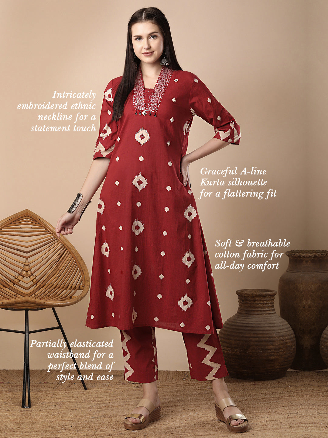 Ethnic Chevron Printed & Embroidered A-Line Kurta with Pant - Red