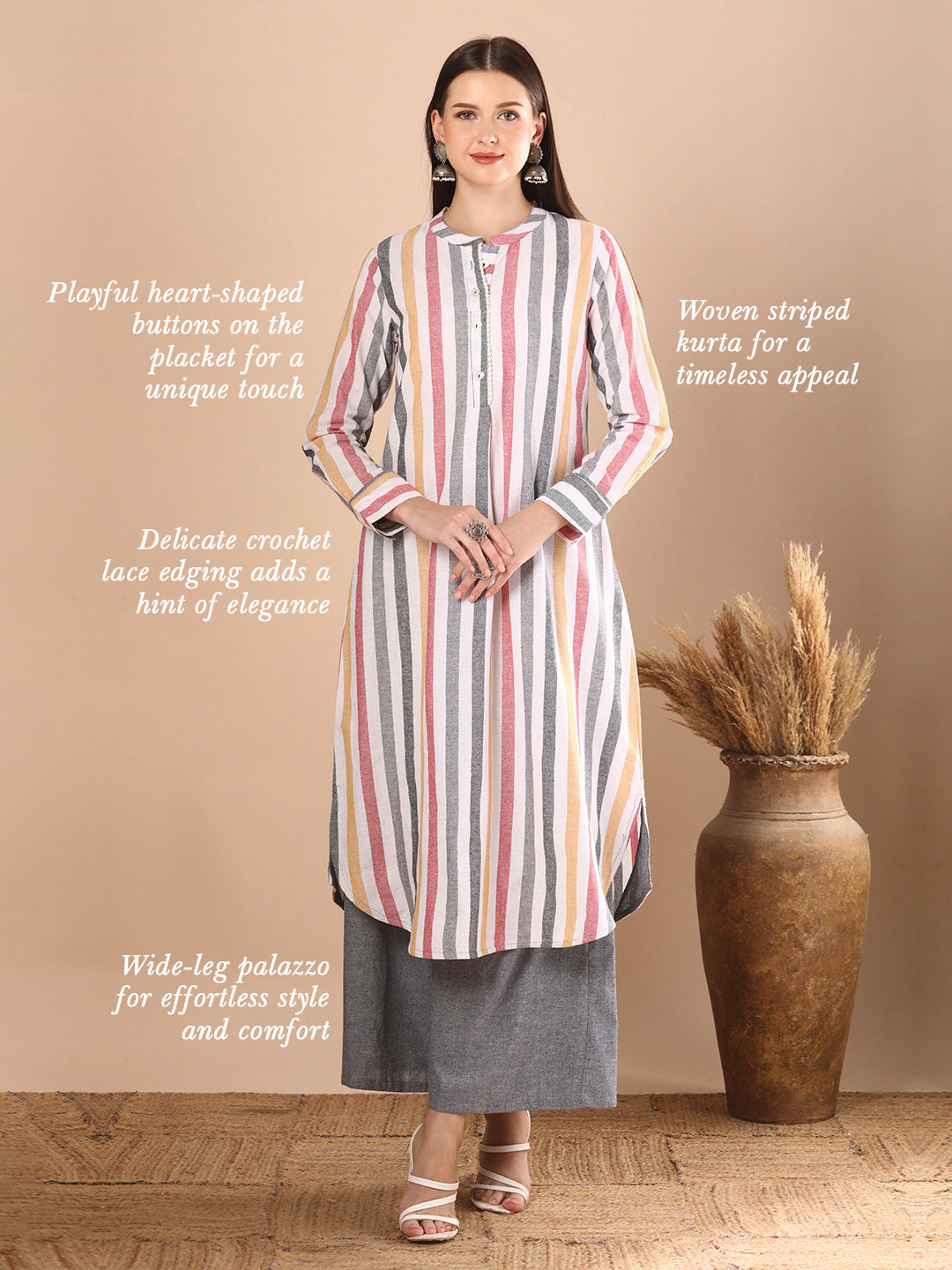 Stripes Woven A-Line Flared Kurta with Palazzo - Multi