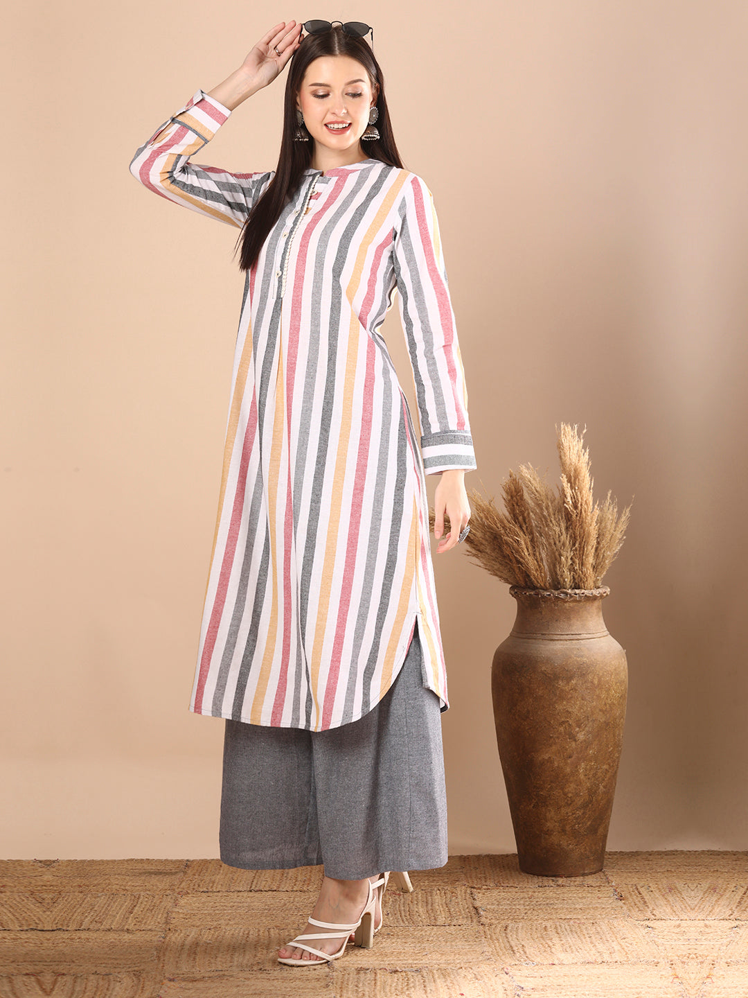 Stripes Woven A-Line Flared Kurta with Palazzo - Multi