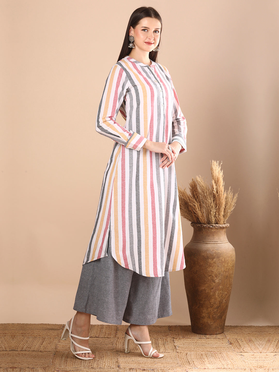 Stripes Woven A-Line Flared Kurta with Palazzo - Multi