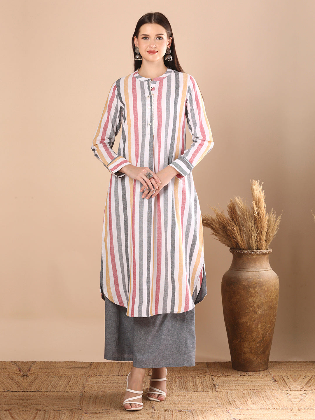 Stripes Woven A-Line Flared Kurta with Palazzo - Multi