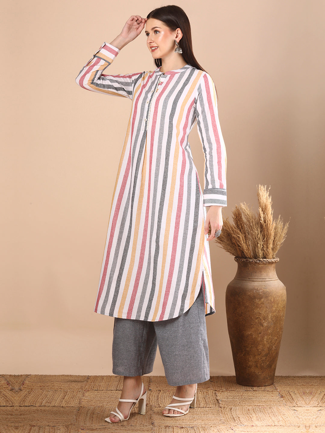 Stripes Woven A-Line Flared Kurta with Palazzo - Multi