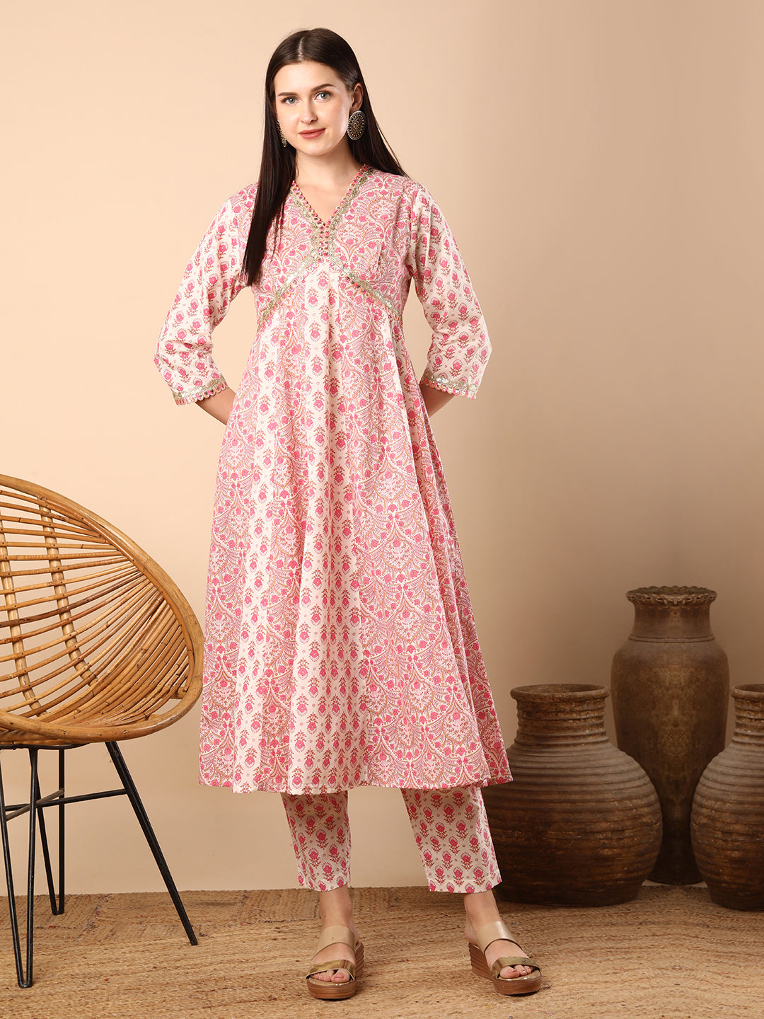 Ethnic Floral Printed & Adorned Anarkali Flared Kurta with Pant - Off White