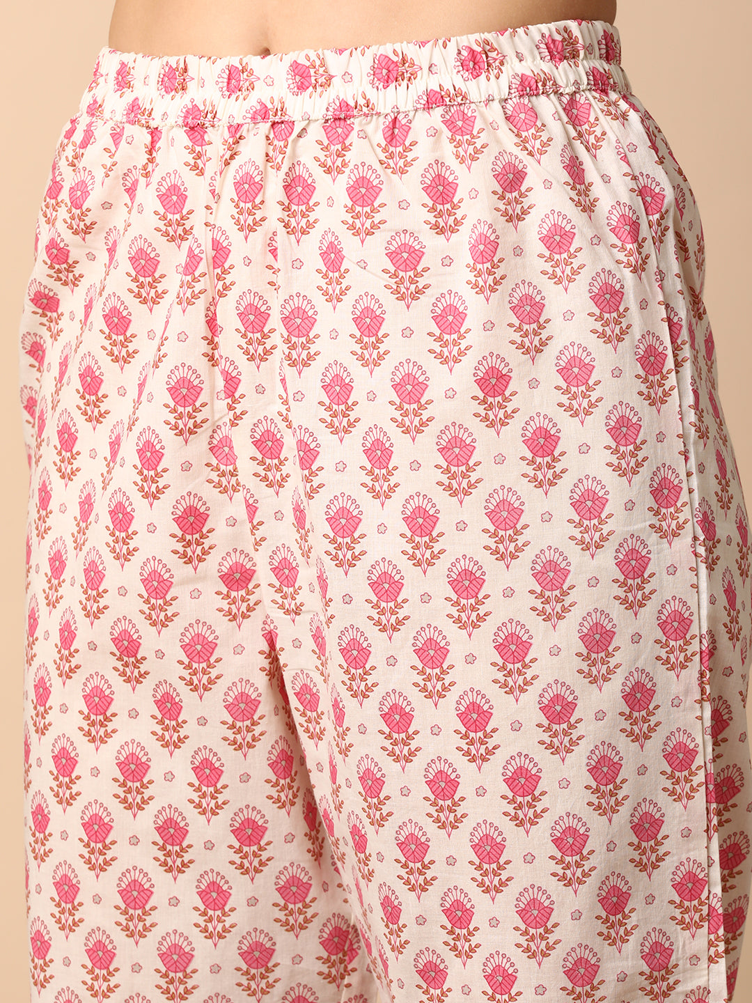 Ethnic Floral Printed & Adorned Anarkali Flared Kurta with Pant - Off White