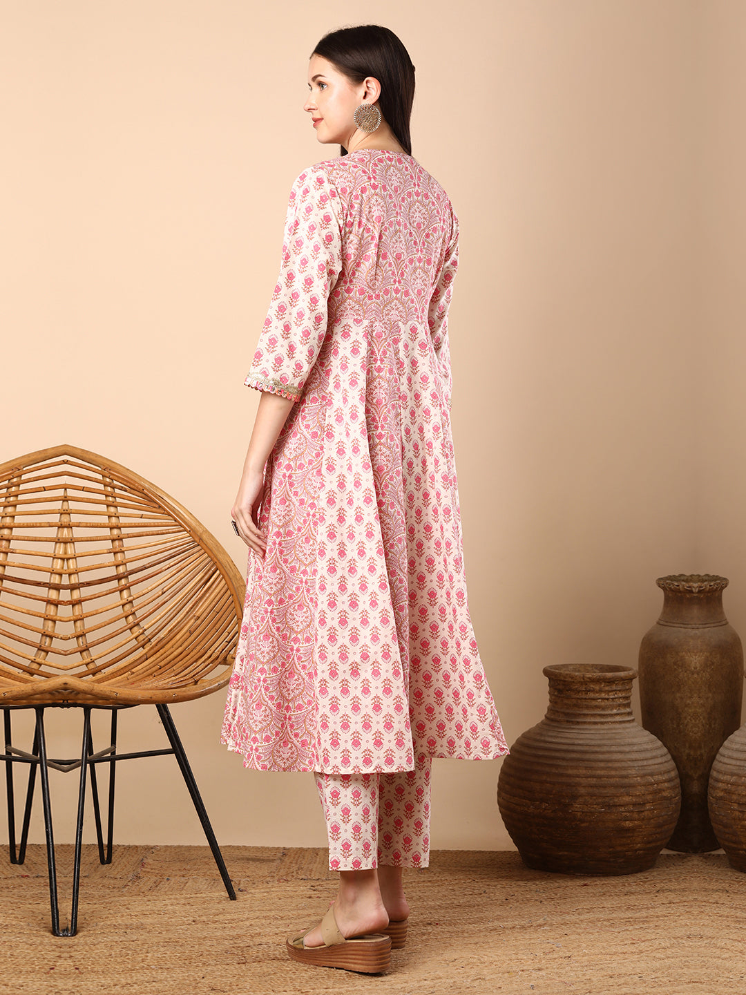 Ethnic Floral Printed & Adorned Anarkali Flared Kurta with Pant - Off White