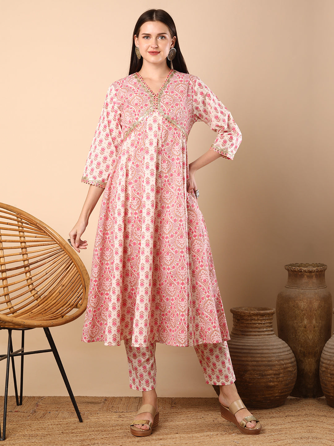 Ethnic Floral Printed & Adorned Anarkali Flared Kurta with Pant - Off White
