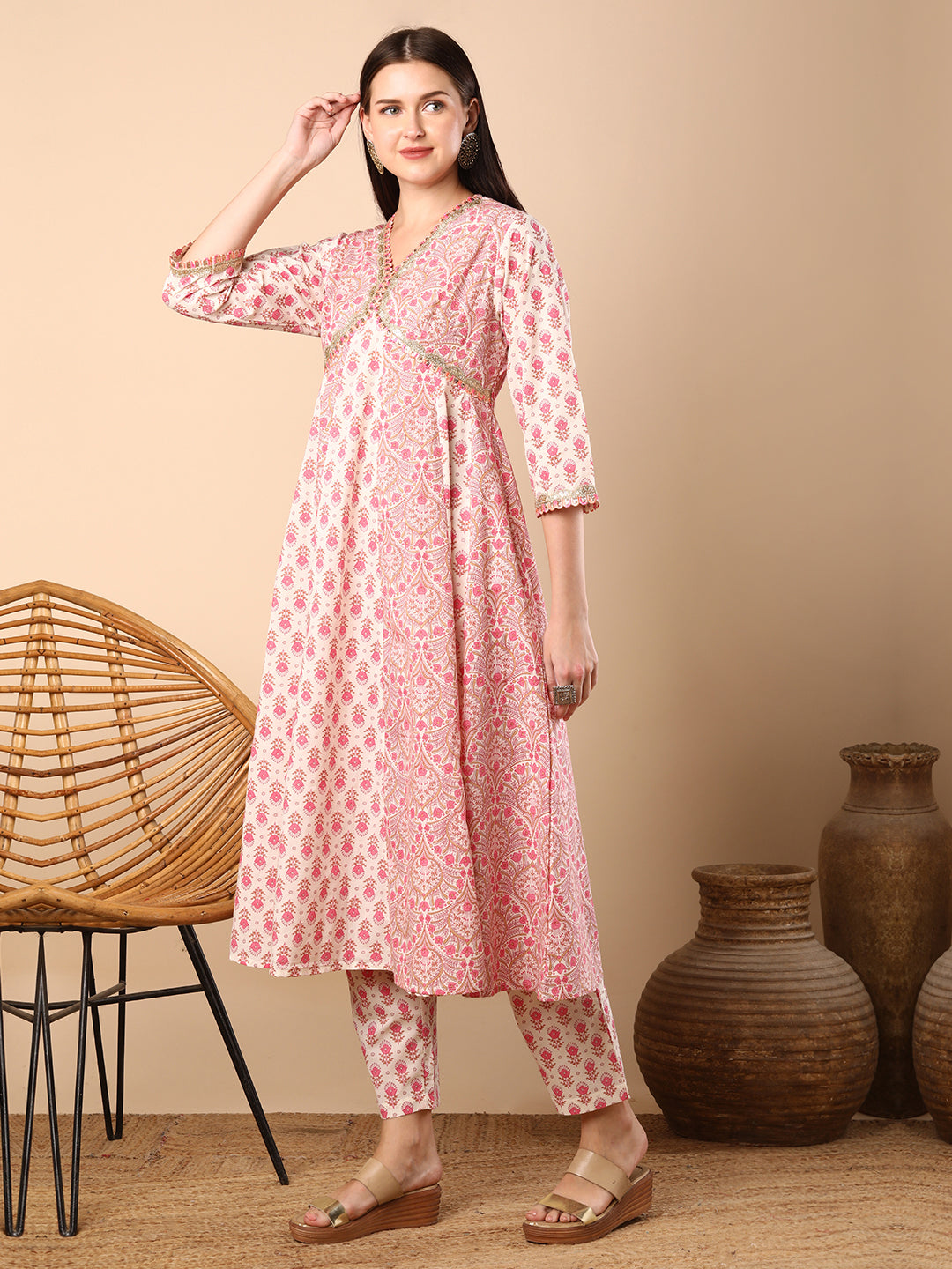 Ethnic Floral Printed & Adorned Anarkali Flared Kurta with Pant - Off White