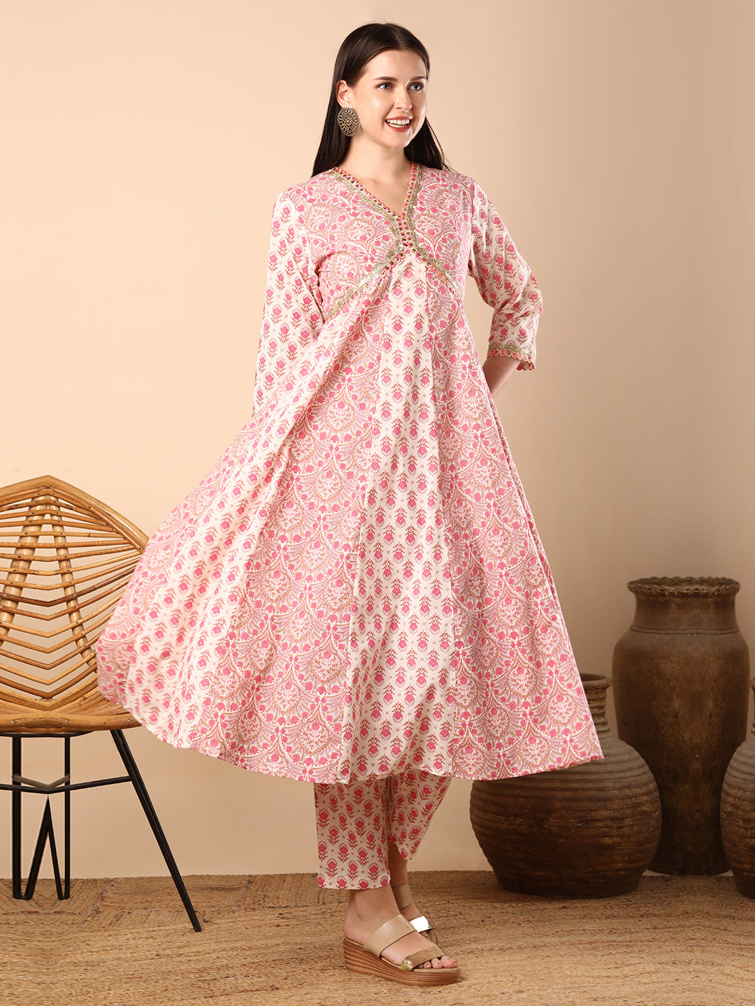 Ethnic Floral Printed & Adorned Anarkali Flared Kurta with Pant - Off White