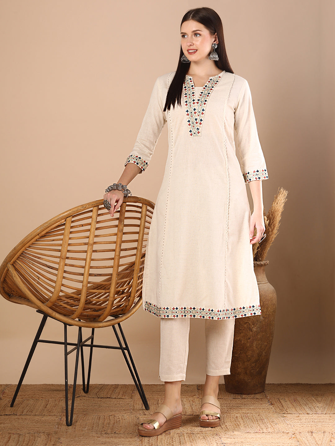 Solid Ethnic Resham Embroidered A-Line Paneled Co-ord Set - Off White