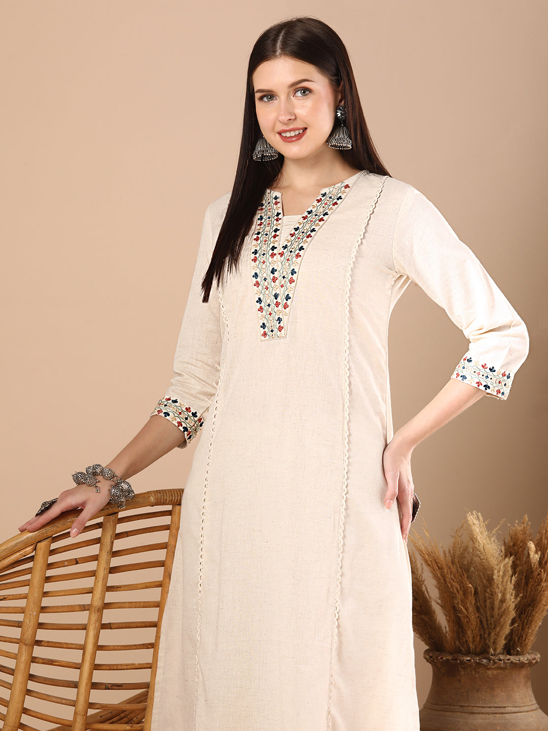 Solid Ethnic Resham Embroidered A-Line Paneled Co-ord Set - Off White
